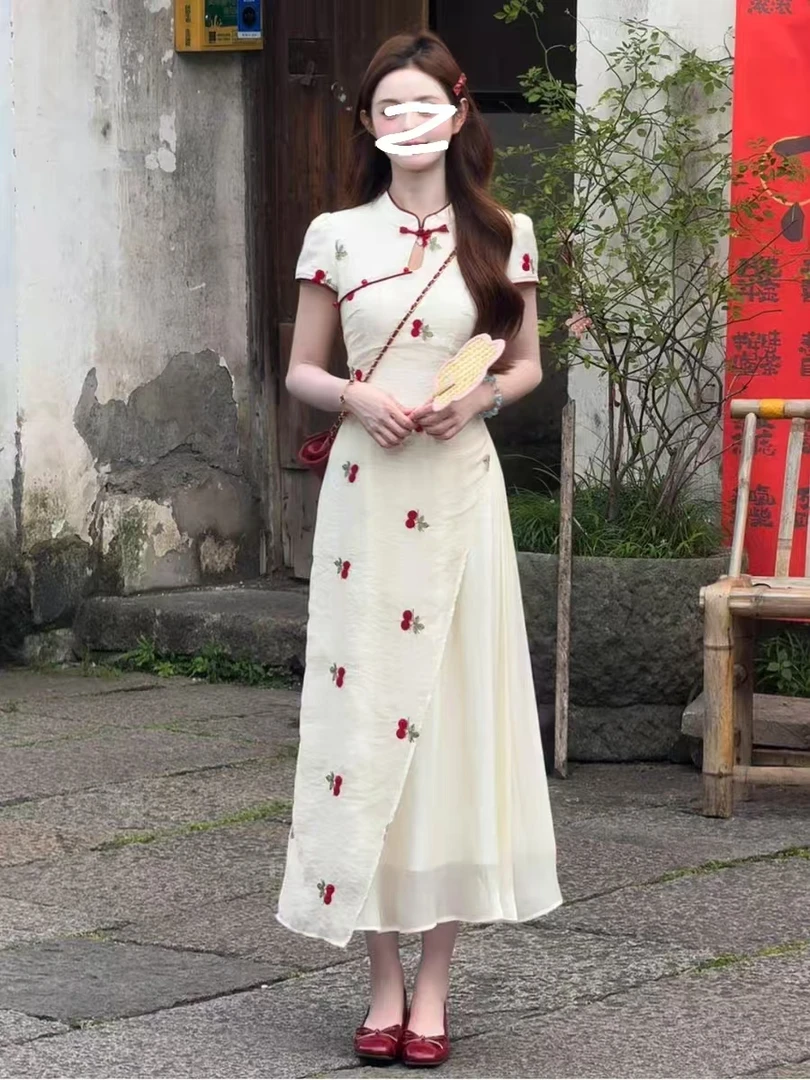 1-620-3【樱桃刺绣】新中式拼接不规则假两件旗袍裙中国风连衣裙