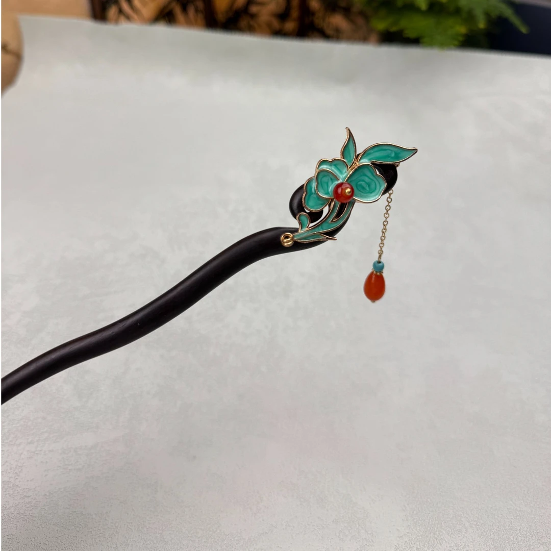 18厘米原创新中式发簪古风汉服旗袍黑檀木盘发簪子烧蓝款