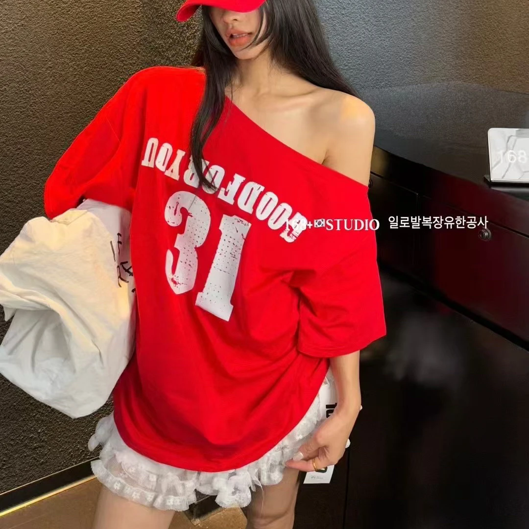 2025夏季新款美式辣妹短袖宽松T恤女字母印花复古上衣设计感小众