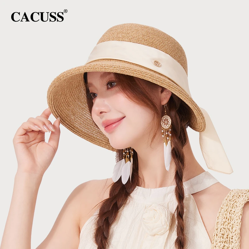 【Cacuss】帽子女春季法式草帽优雅沙滩遮阳防晒太阳帽可折叠海边