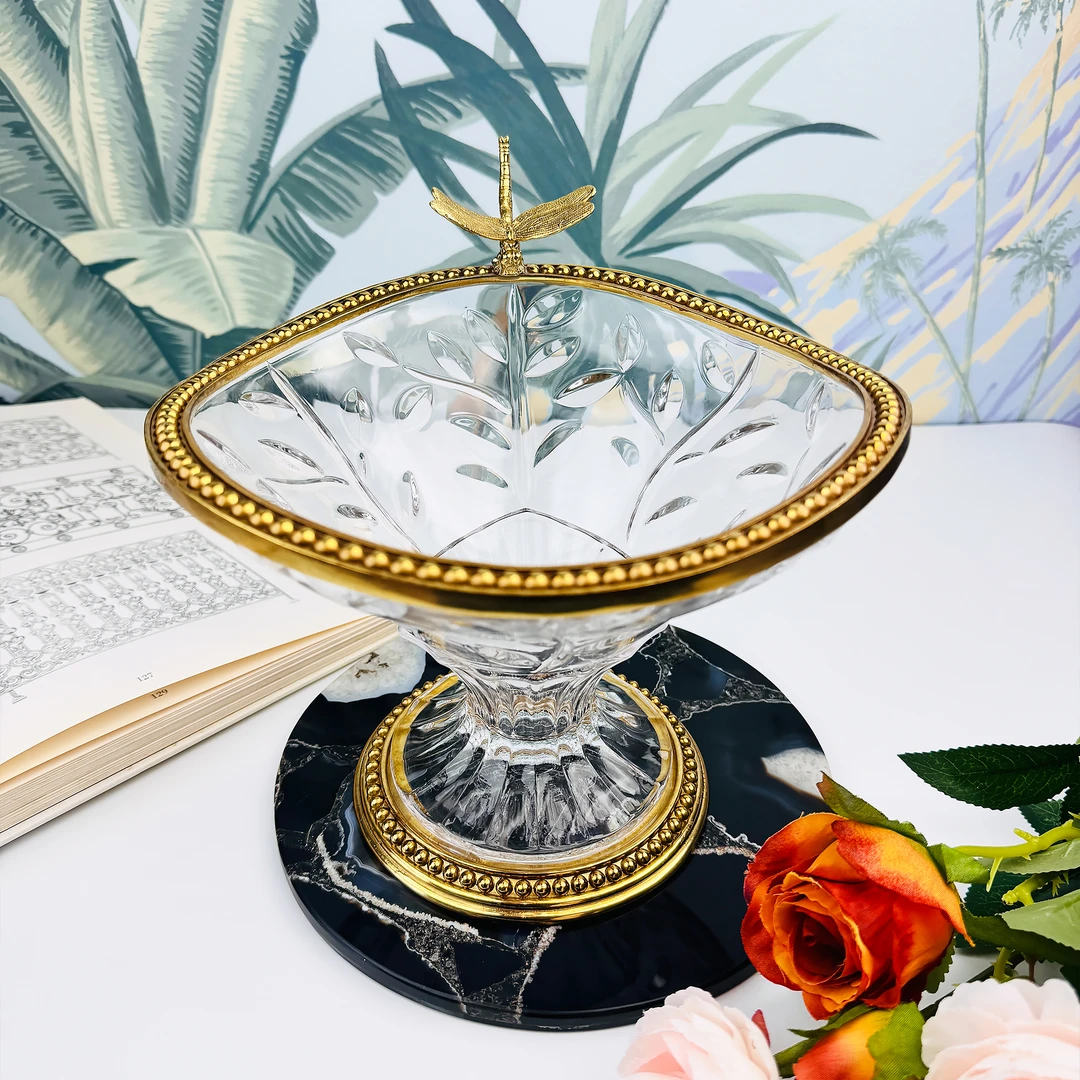 REDSEC水晶配黄铜蜻蜓欧式奢华创意带盖铜制底座水晶透明高脚果盘