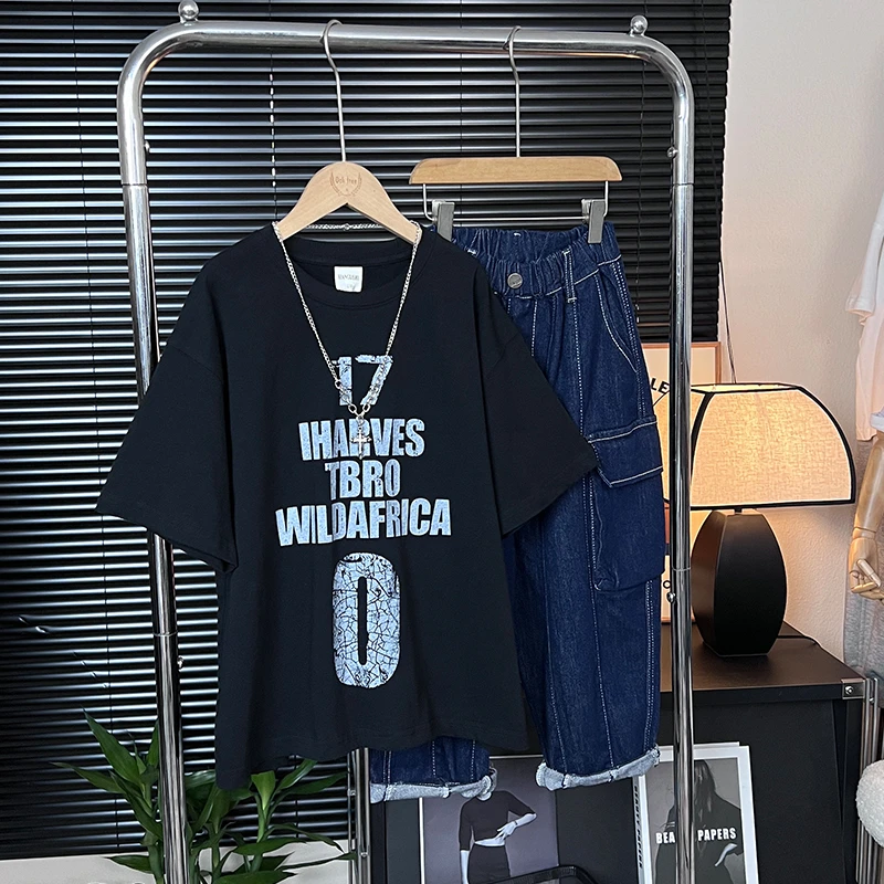 美式男童短袖T恤夏季2025新款儿童纯棉中大童男孩夏装半袖字母潮t