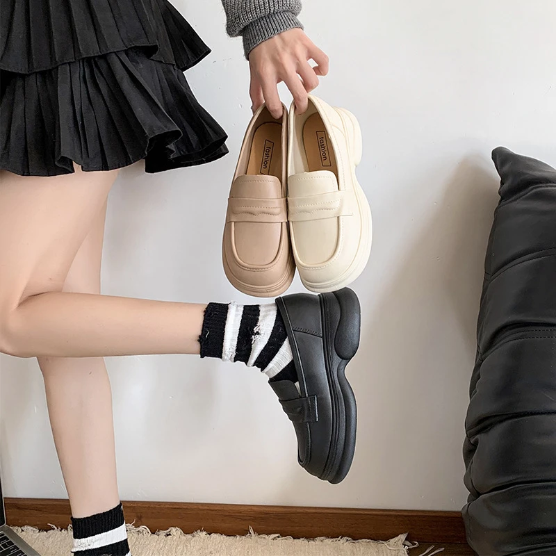 厚底乐福鞋女2025新款春秋高级感女鞋增高鞋子英伦风一脚蹬小皮鞋