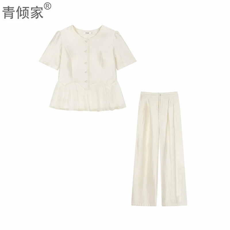 青倾家【月光琉璃】夏季新款法式珠光感圆领珍珠上衣裤子套装两件套