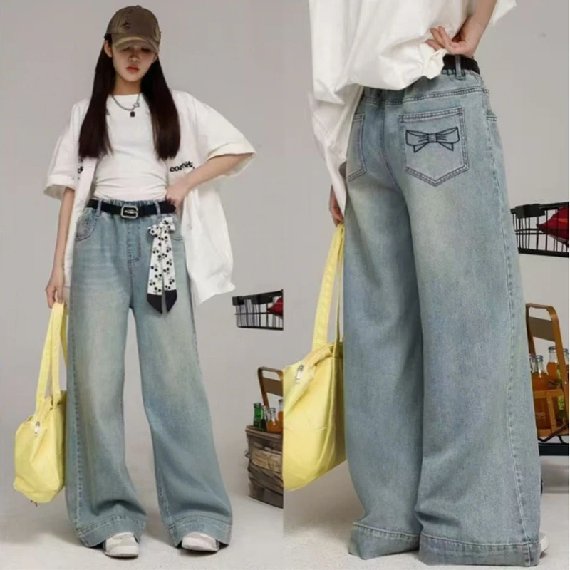 青少年春秋装阔腿裤2025新款中大童洋气休闲直筒裤子秋款牛仔裤