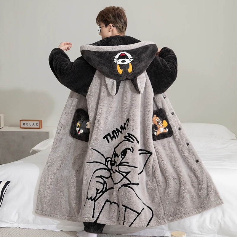 睡衣男冬季睡袍超厚珊瑚绒长款青少年保暖法兰绒男孩子浴袍家居服