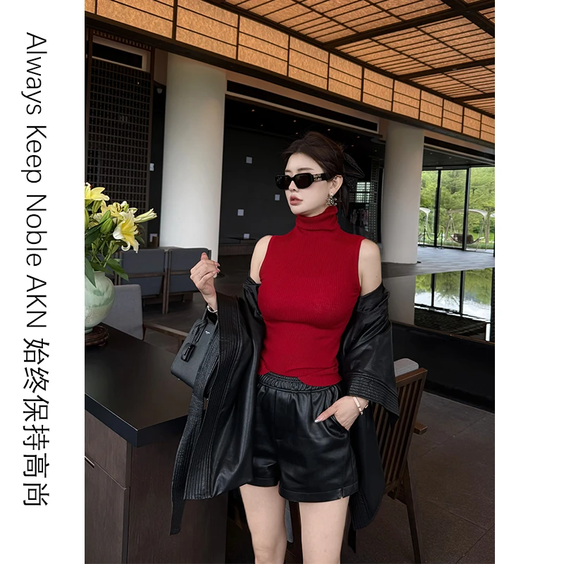 艾珂妮5003【针织背心】简约无袖毛针织衫百搭修身堆堆领针织背心