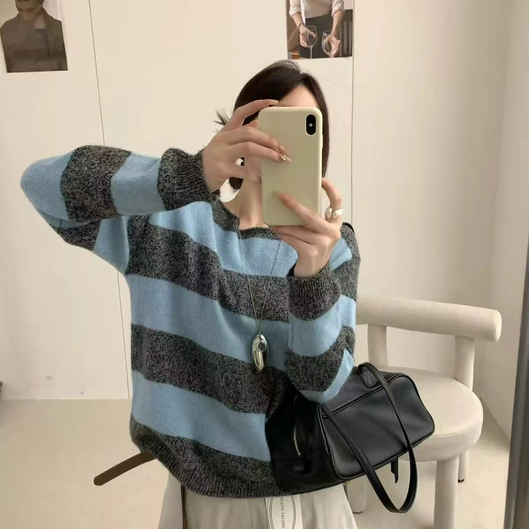 秋季圆领条纹撞色设计感毛针织衫时尚美式高级感宽松慵懒风上衣潮