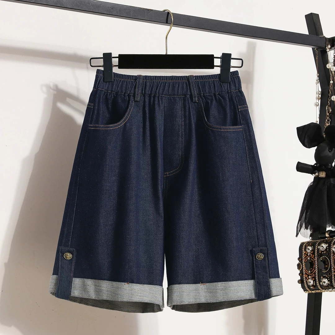 夏季薄款天丝牛仔短裤女高腰显瘦五分裤胖mm大码宽松冰丝阔腿中裤