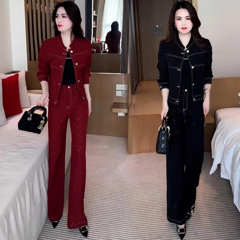 时尚牛仔套装女2025春季新款气质减龄设计感休闲外套直筒裤两件套