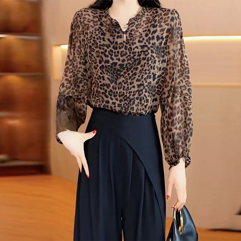 衬衫女夏季薄款豹纹长袖衬衫女2025夏季新款宽松高级气质薄款上衣