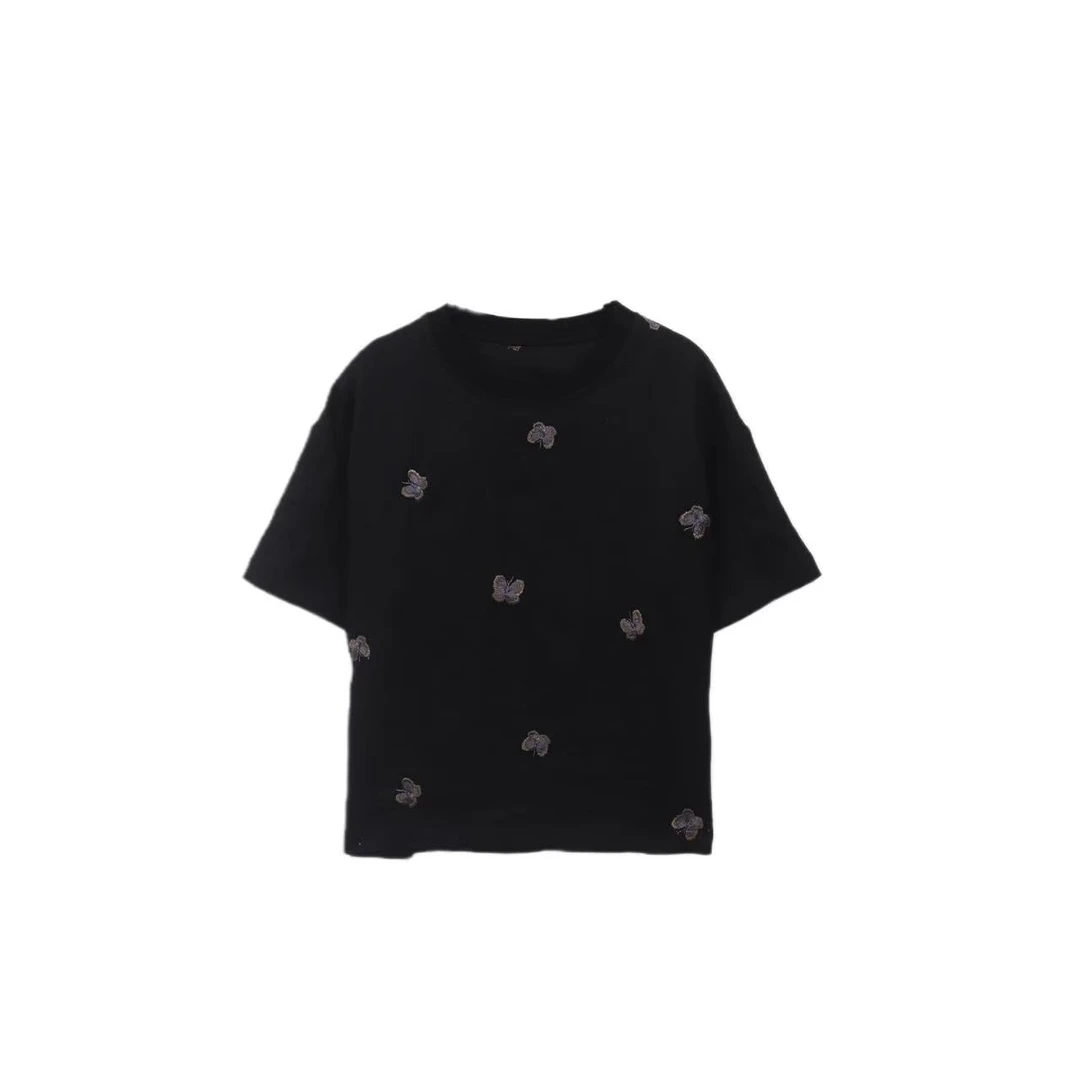 蝴蝶刺绣圆领高支纱汉麻短袖T汉麻显瘦上衣夏24219