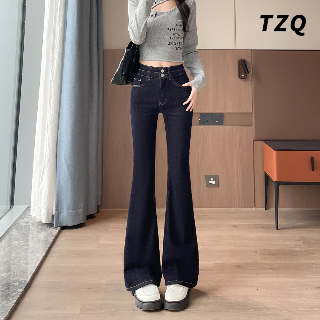 丹宁蓝微喇牛仔裤女美式复古设计感高腰修身九分喇叭裤TZQ2592215