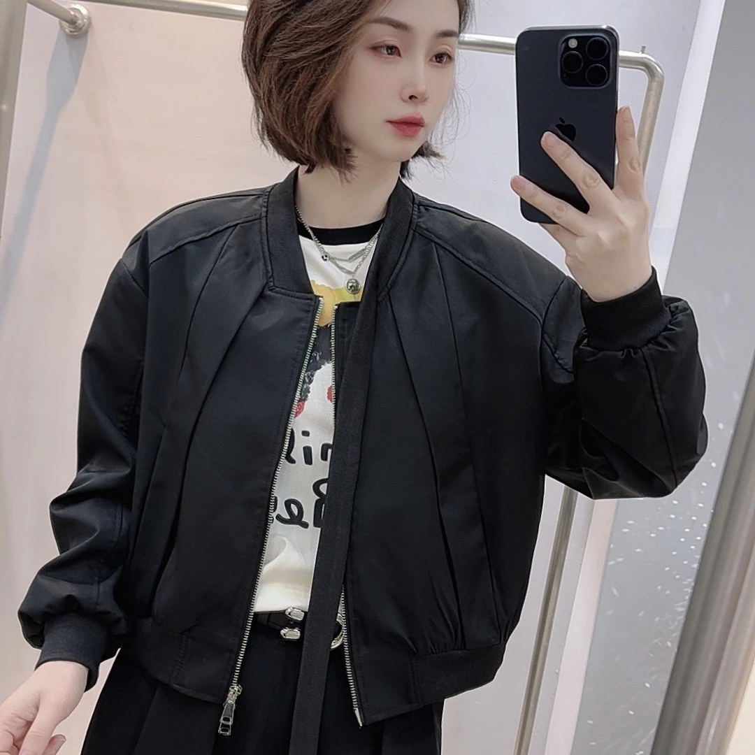 【6609】春秋短款棒球领夹克女显瘦设计感小众拼接百搭外套