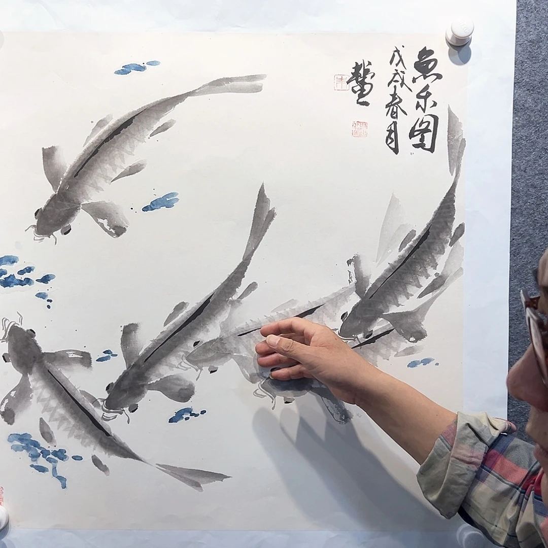 国画知鱼之乐纯手绘画