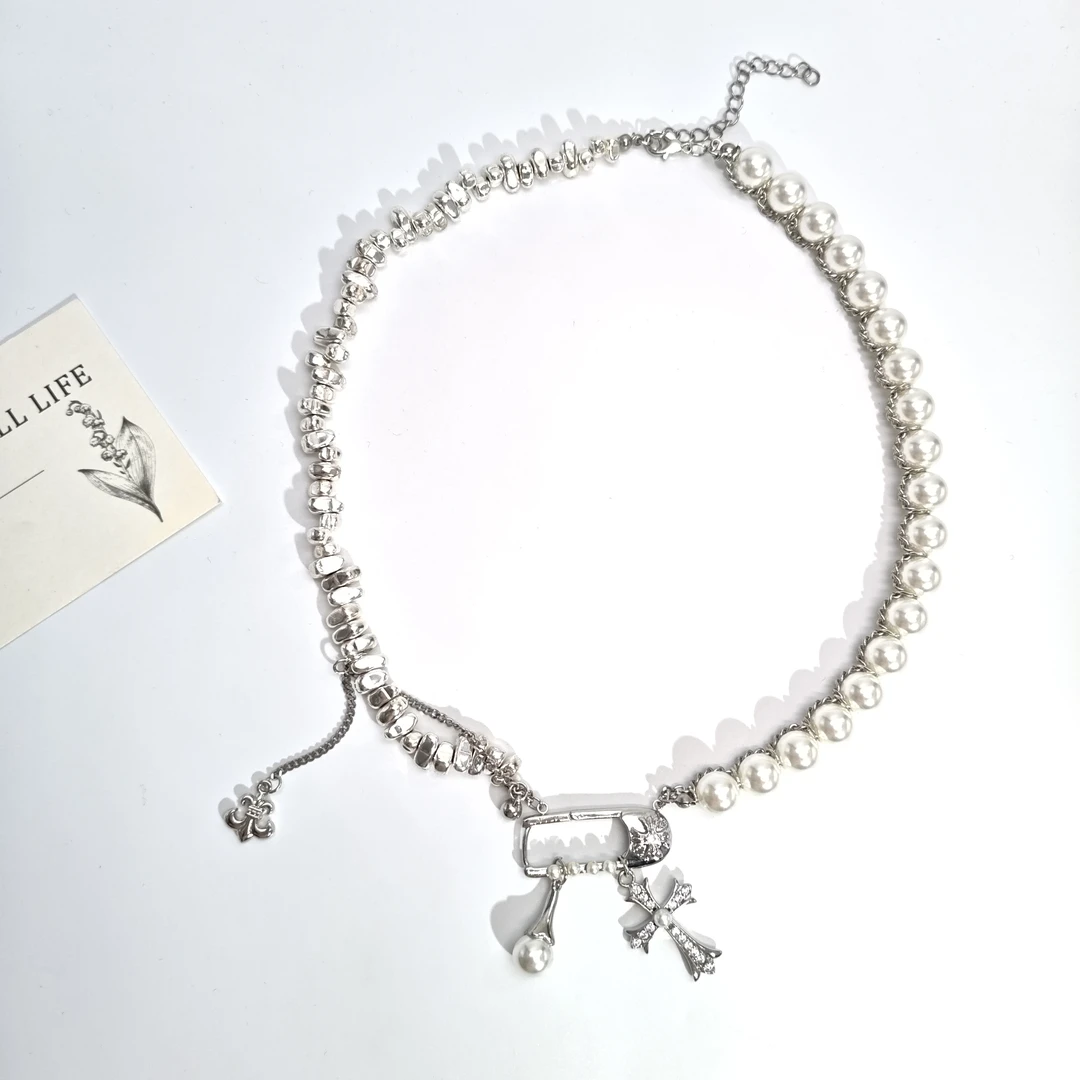 铜合金仿珍珠项链 06965小众设计感气质十字花别针白珠流苏项链