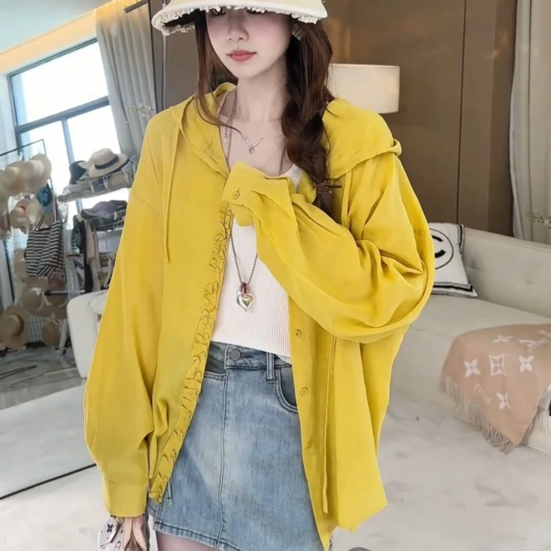 韩系连帽抽绳木耳边单排扣长袖衬衫2025夏季新款女设计感防晒上衣