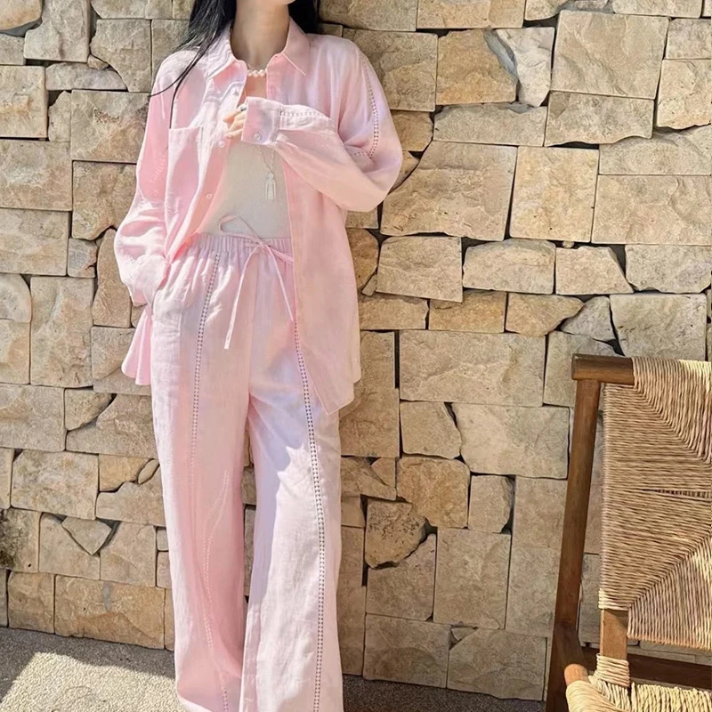 慵懒调性~篙阶透气亚麻衬衫套装高腰透气休闲阔腿裤防晒两件套女