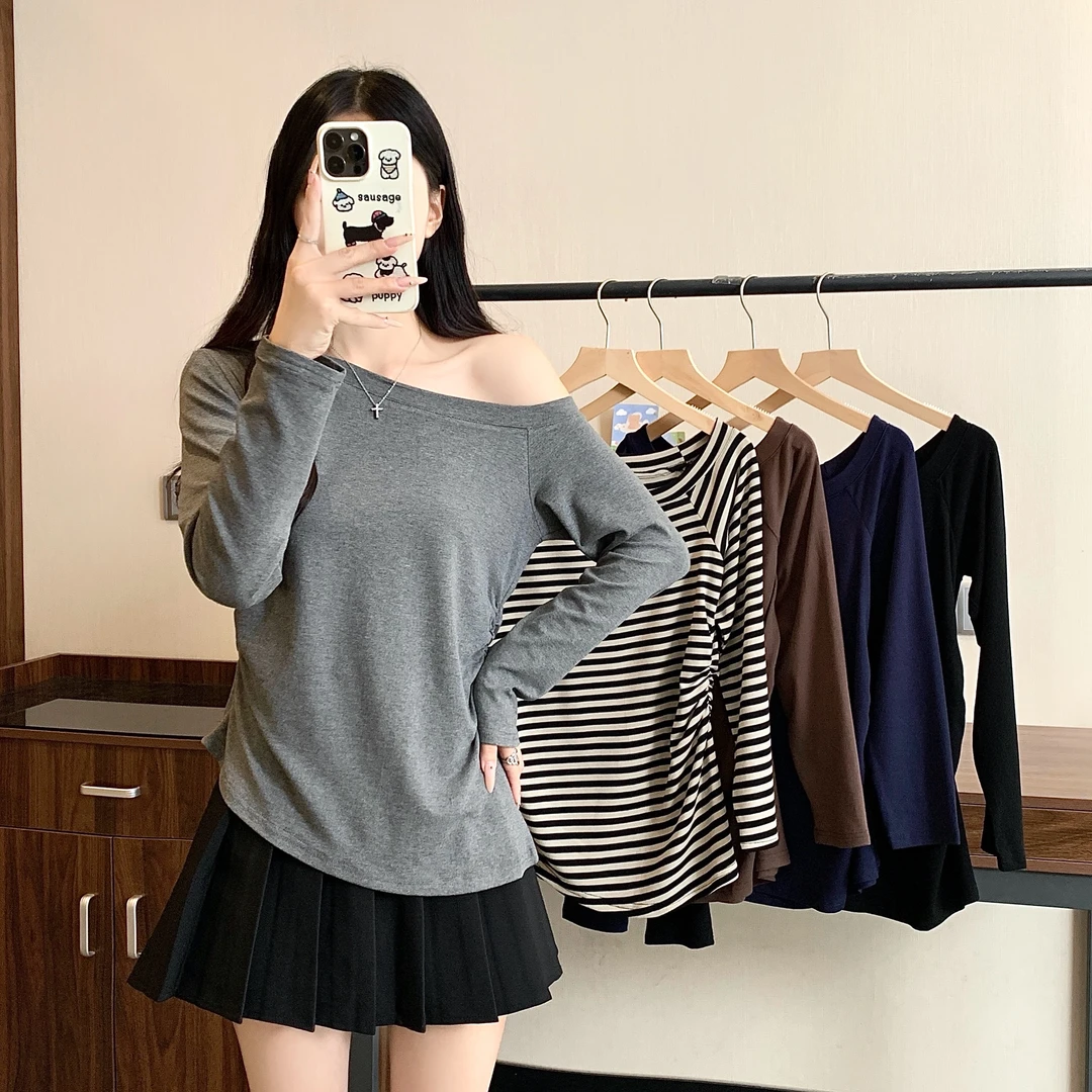 2025大码女装秋季新款斜肩条纹显瘦长袖上衣 3726