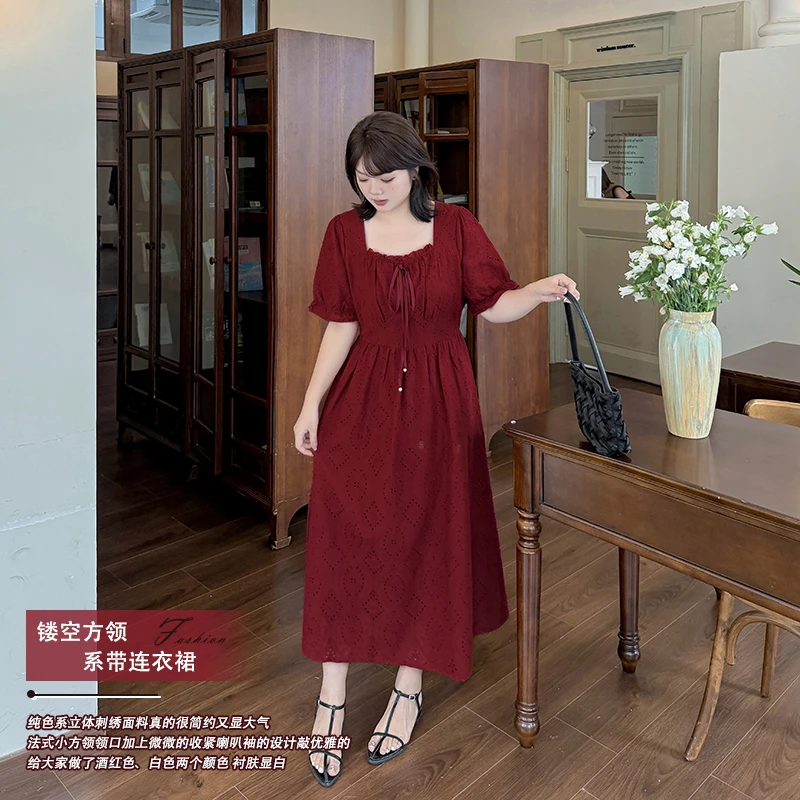 【海星发卡】25年夏季大码女装胖妹妹镂空方领系带连衣裙-8981