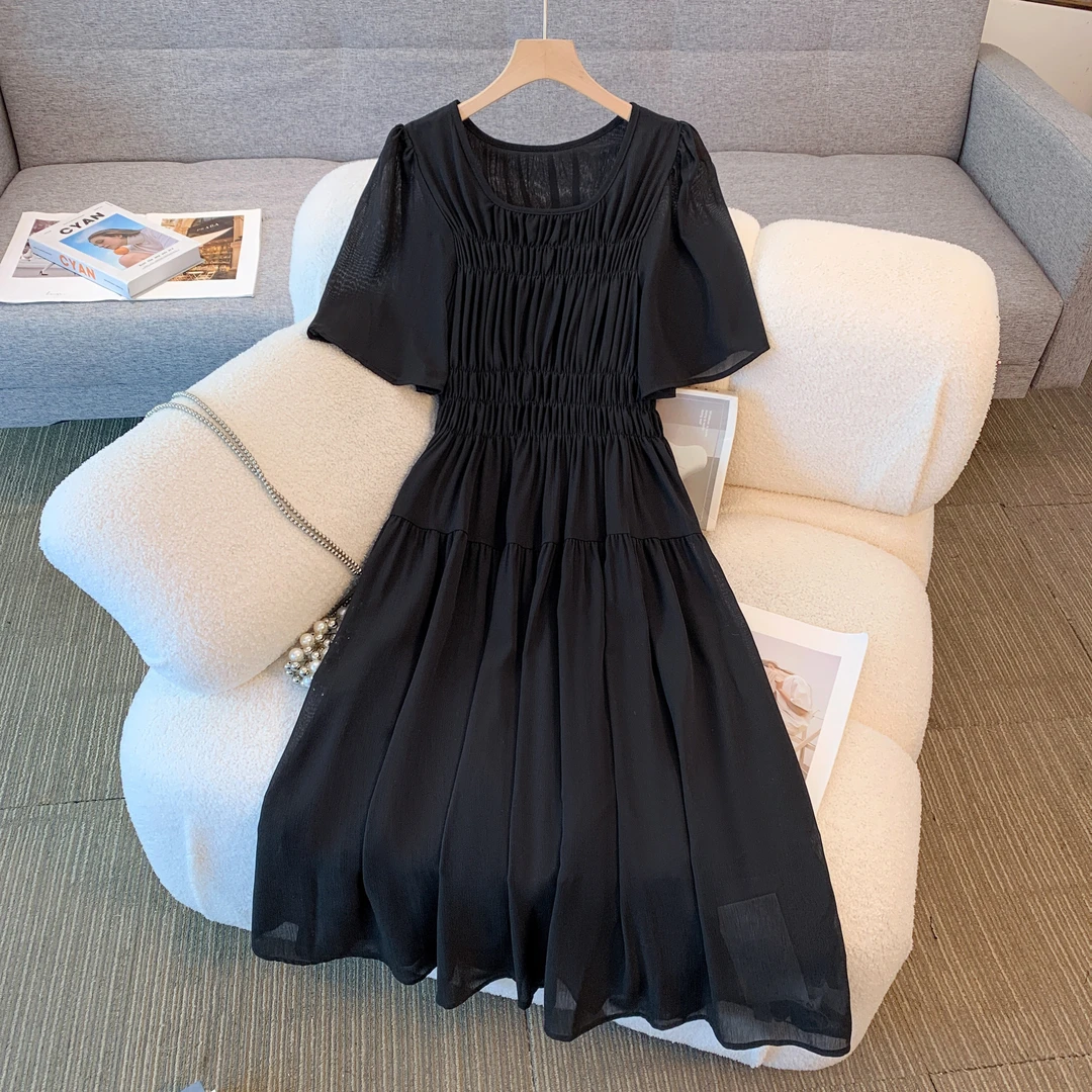 小清新度假风法式长裙韩系简约清纯气质大码宽松显瘦中长款连衣裙