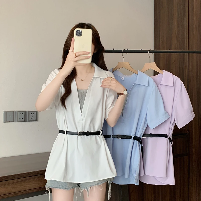 【小曹大码】夏季V领假两件撞色短袖宽松简约百搭衬衣-YSDM6033