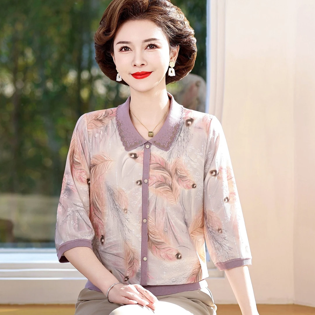 妈妈装秋装T恤中袖洋气小衫高贵中老年人女母亲衣服碎花上衣薄款