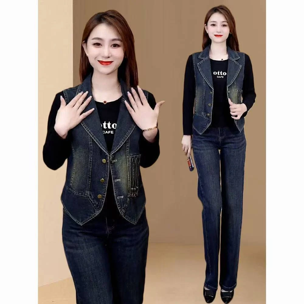 春秋新款牛仔马甲女时尚洋气减龄设计感西装领休闲百搭马夹上衣潮