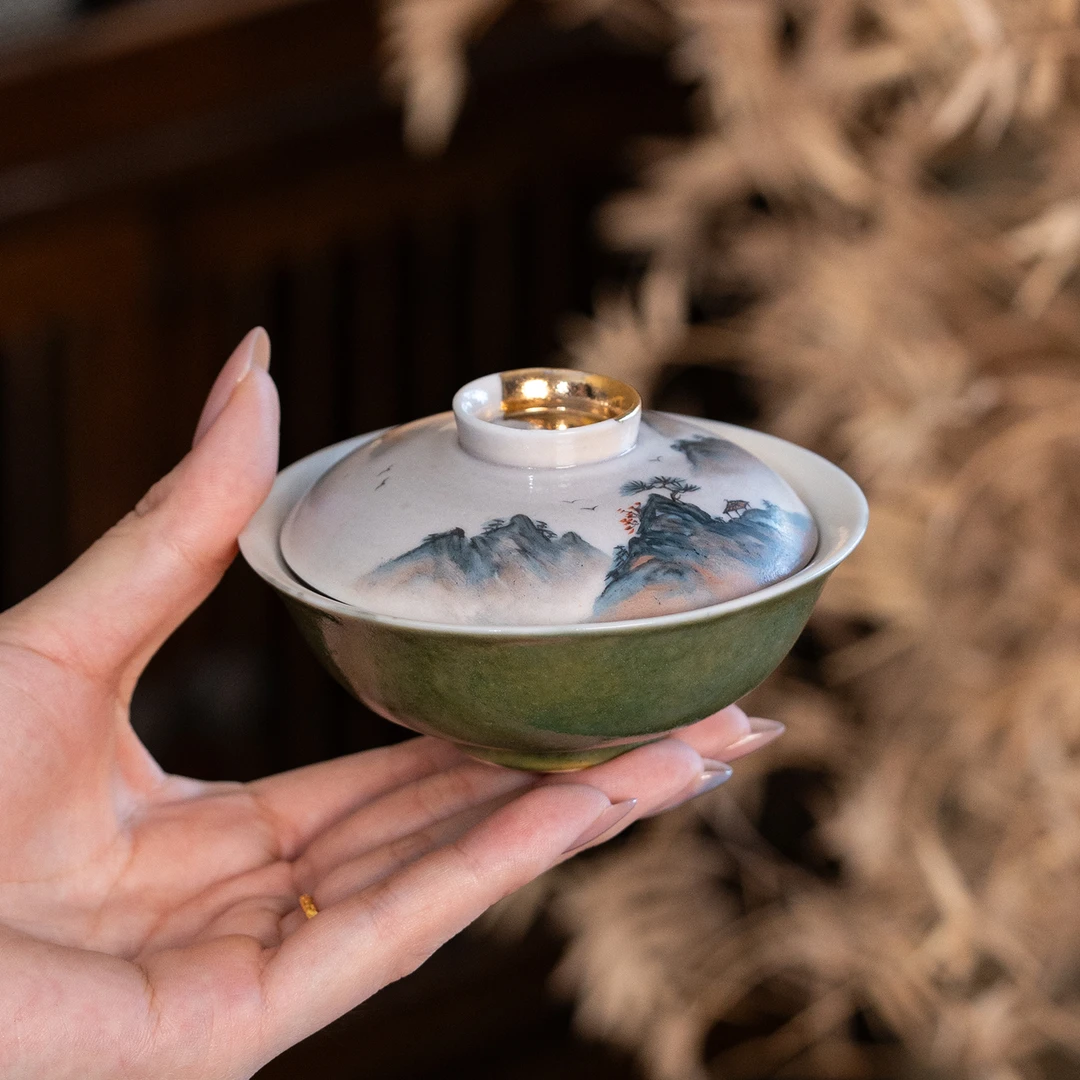 陶一丁·绿志野手绘山水二才盖碗陶瓷柴烧中式茶具复古功夫茶具
