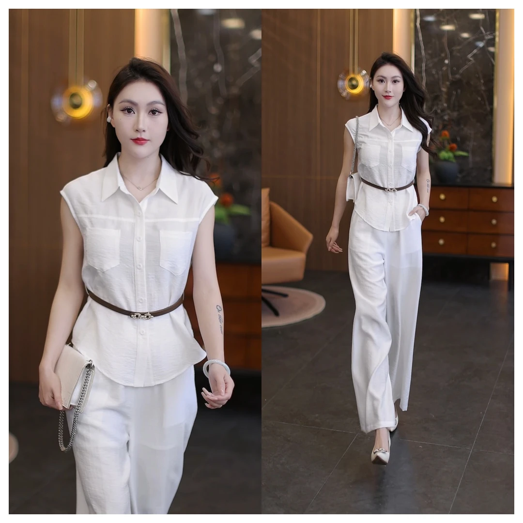 2025夏季新款小个子阔腿裤两件套收腰显瘦洋气减龄时尚衬衫套装女