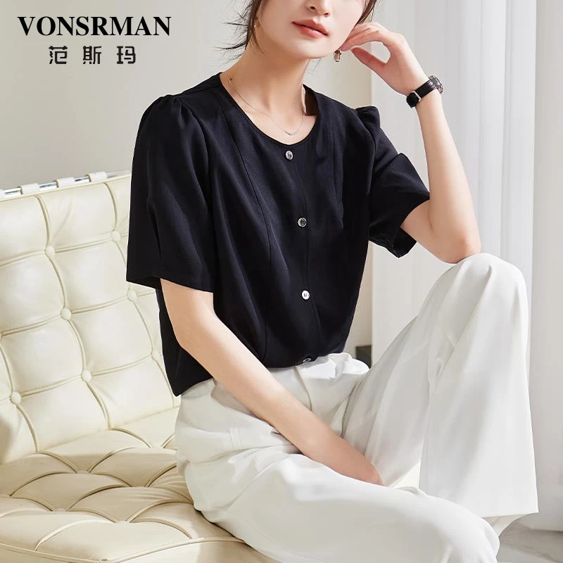 范斯玛2025夏季新款时尚法式通勤百搭宽松圆领短袖衬衫女士上衣