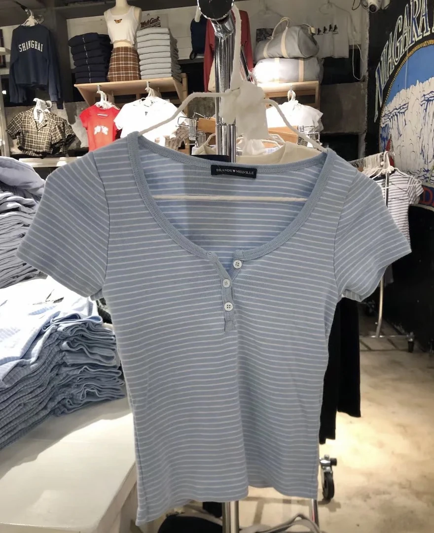 BranBM美式三粒扣短袖纯色T恤bm上衣夏季修身显瘦