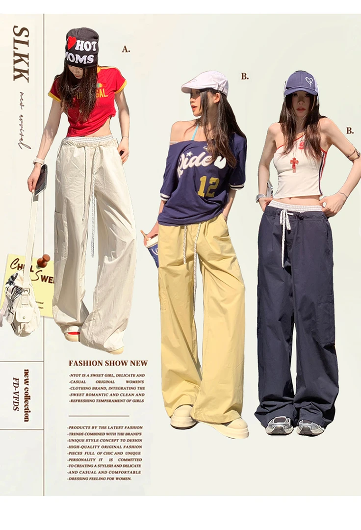 25年春夏韩版格子拼接双腰宽松阔腿休闲裤长裤夏季女薄款阔腿裤