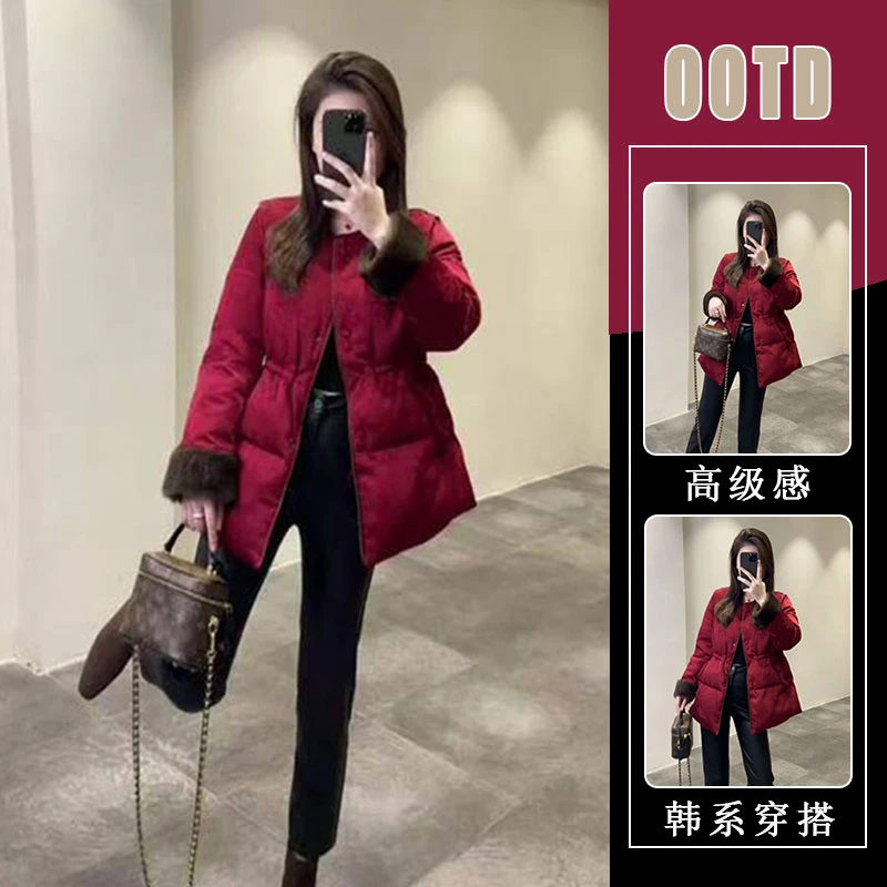 新中式红色毛袖棉服女2024冬季新款小个子洋气百搭国风保暖外套潮