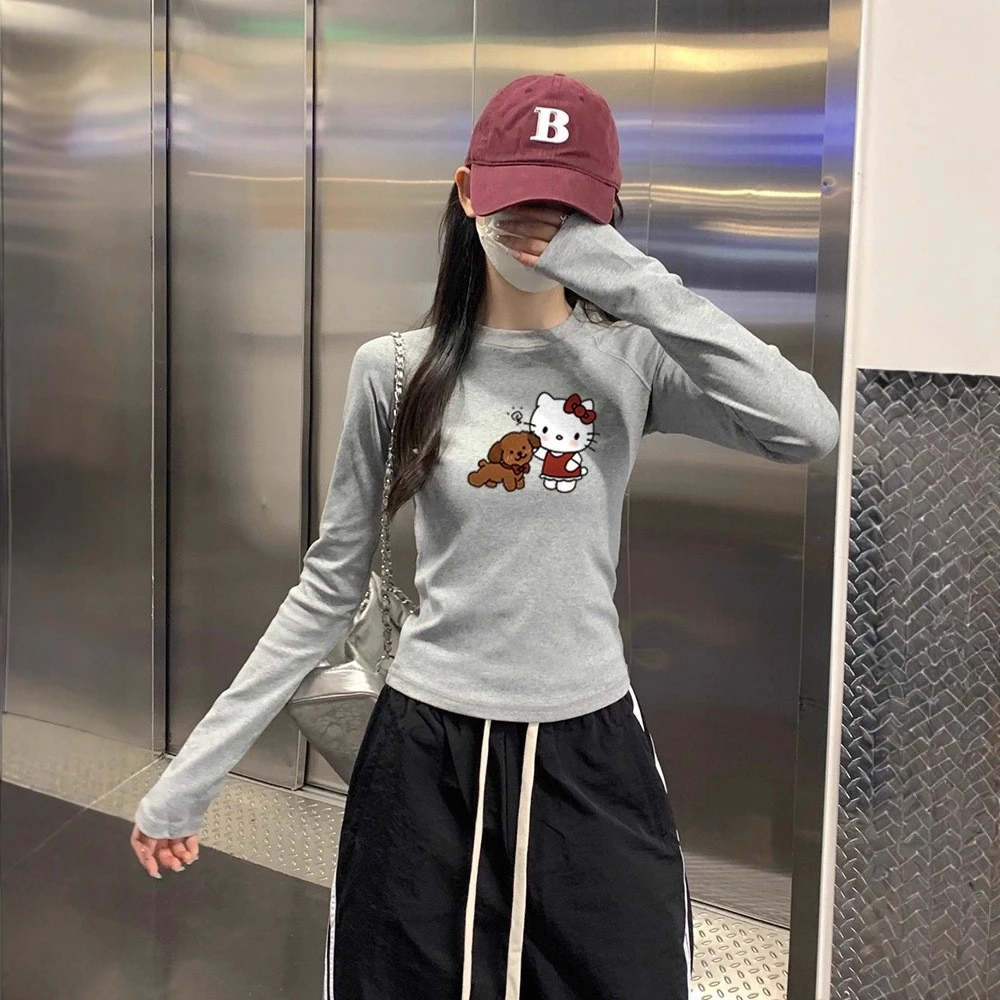 2025春秋季新款卡通可爱凯蒂猫长袖上衣女减龄百搭少女风打底衫女