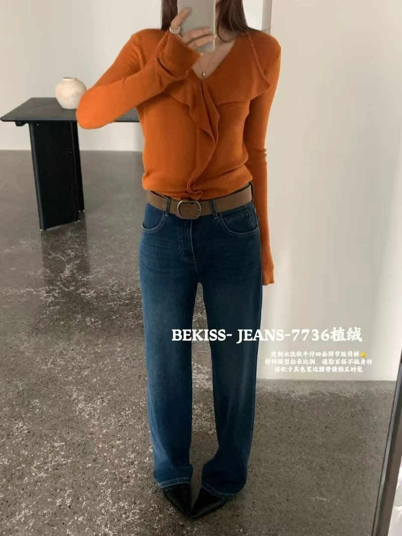 BEKISS贝斯-F7736定制水洗百搭通勤窄版直筒牛仔裤【裤长104】植绒