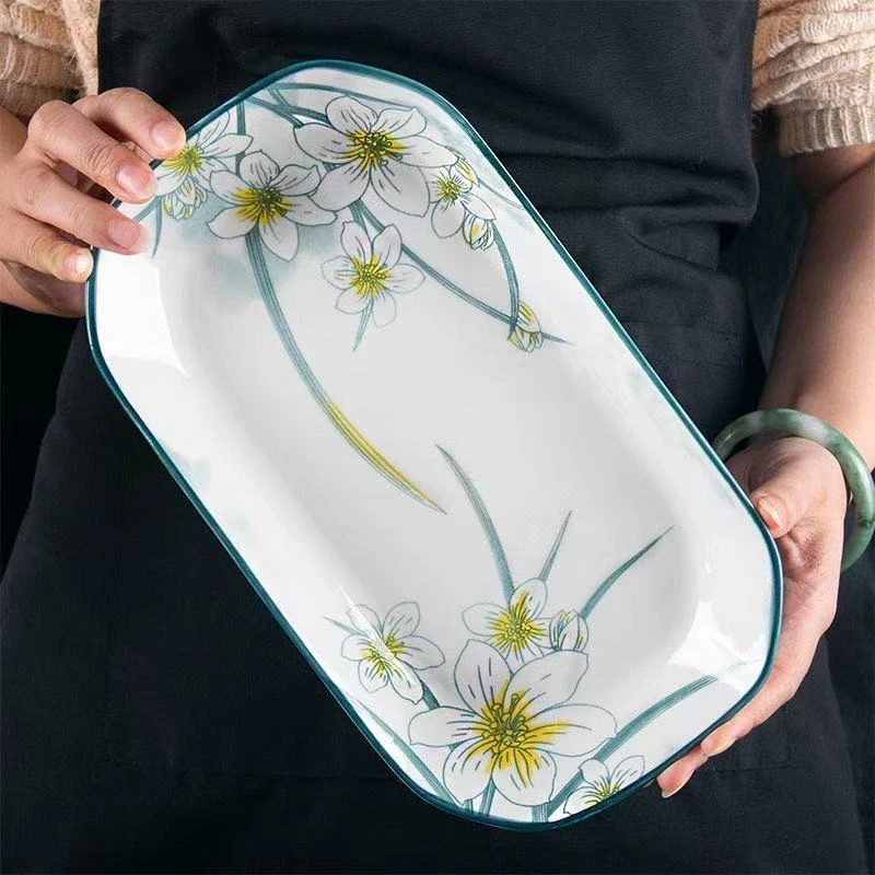 鱼盘一个装30cm水仙花鱼盘长方形创意蒸鱼餐盘家用高颜值大号盘子