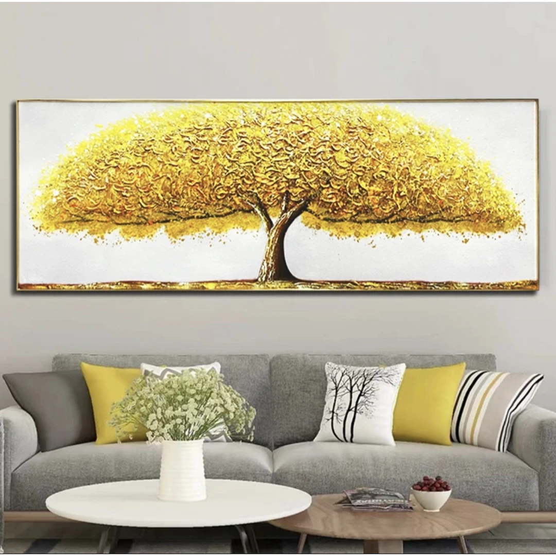 【远山】金色发财树砂岩油画沙发背景装饰画手工肌理画70200