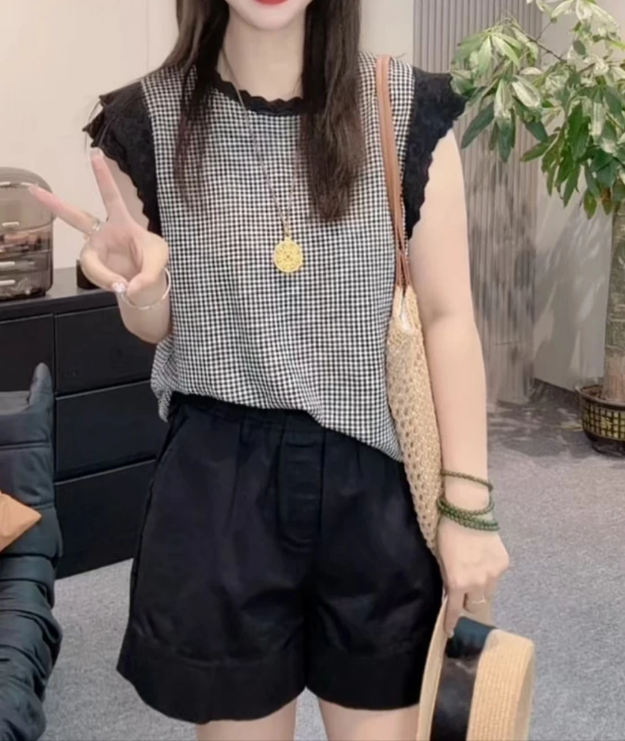 千鸟格 双层小飞袖 冰丝薄款针织衫～