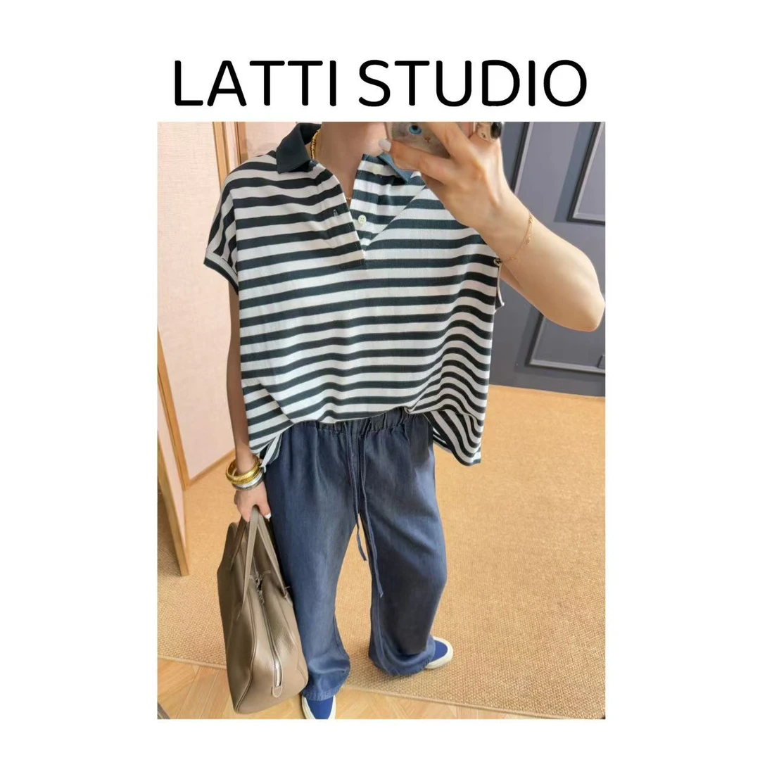 【Latti】蓝调线影T恤衫-无袖随性慵懒条纹透气时髦宽松T