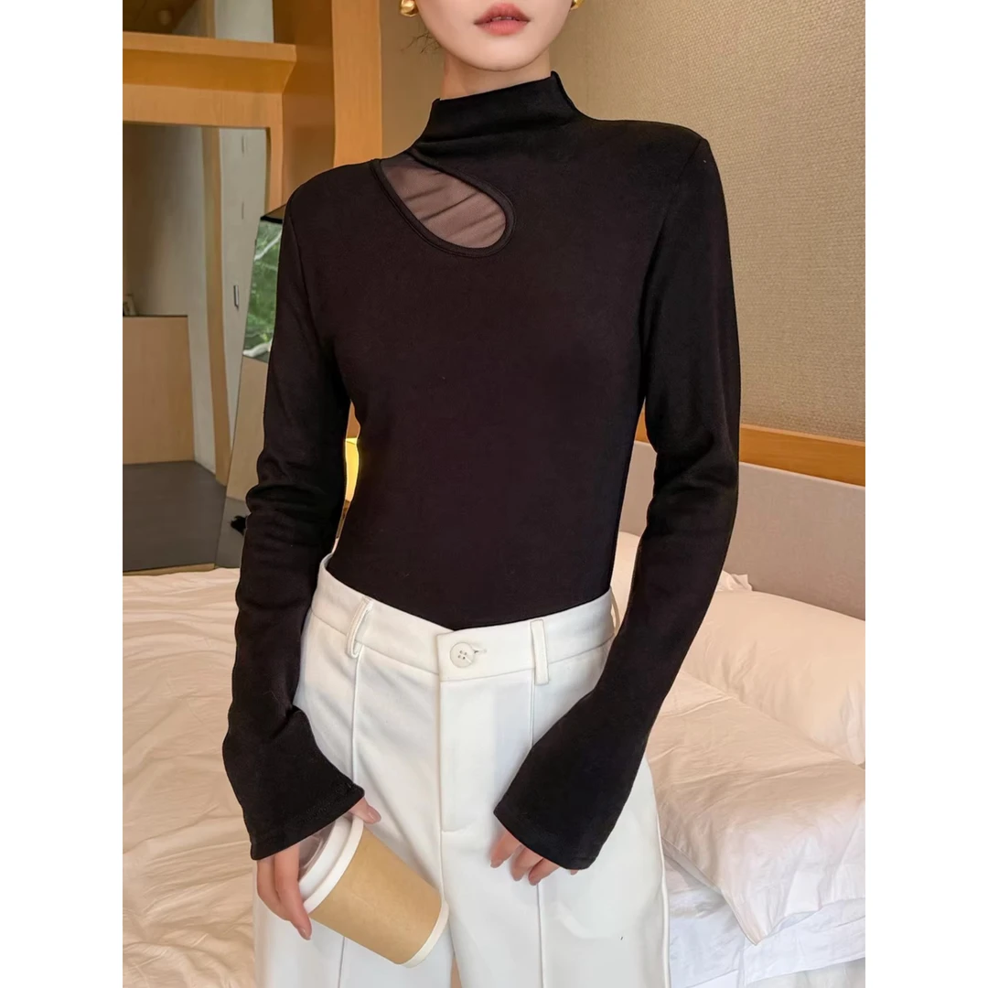 半高领镂空黑色打底衫女秋冬装磨毛加厚长袖t恤内搭上衣外穿显瘦