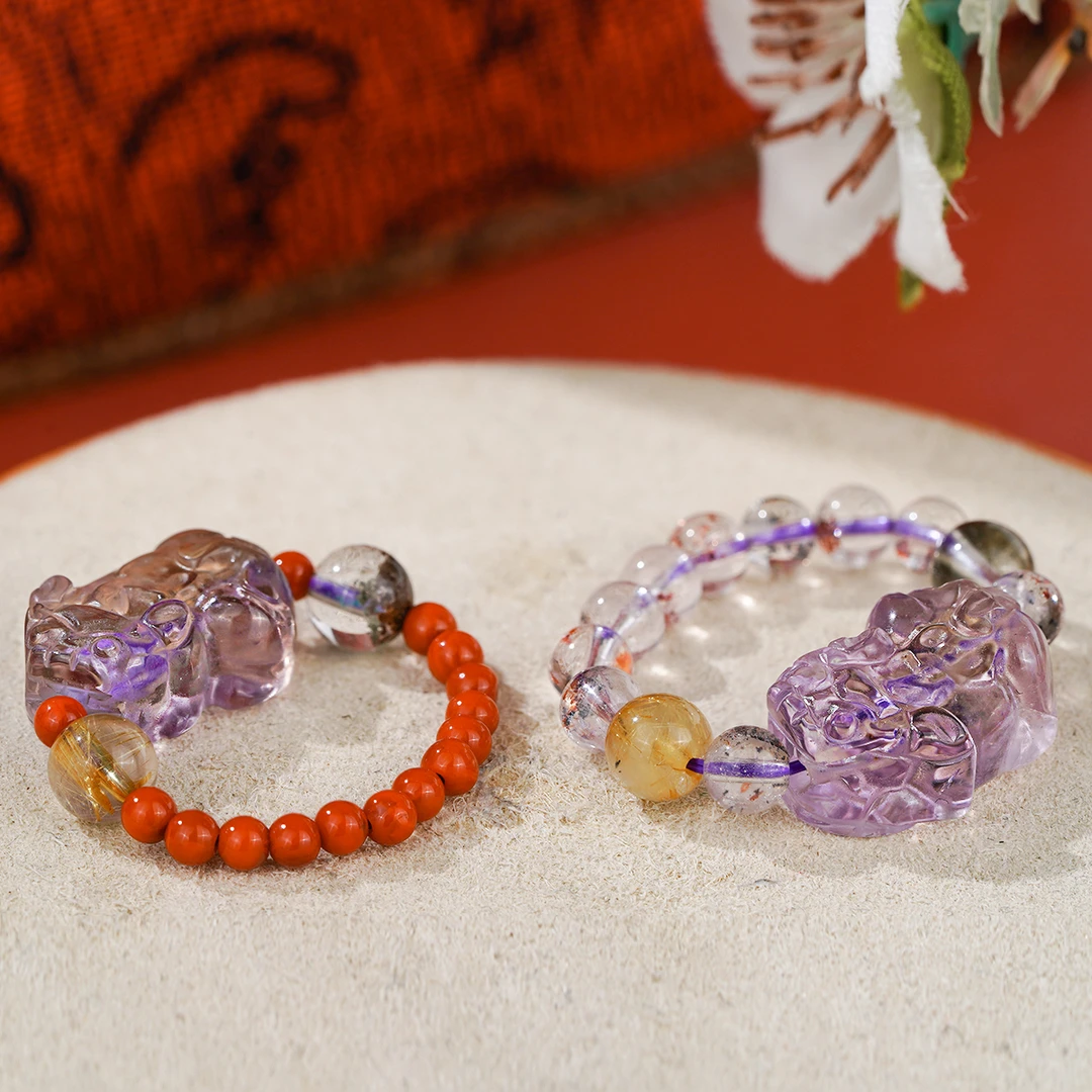 紫黄晶貔貅绿幽灵发晶戒指