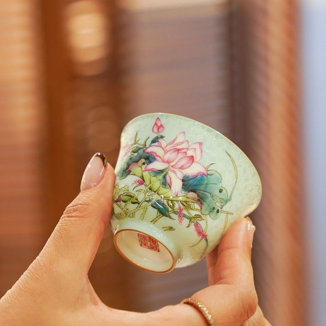溢珍堂绿地扒花荷花花神杯茶具茶道家用纯手工陶瓷喝茶中式宫廷风