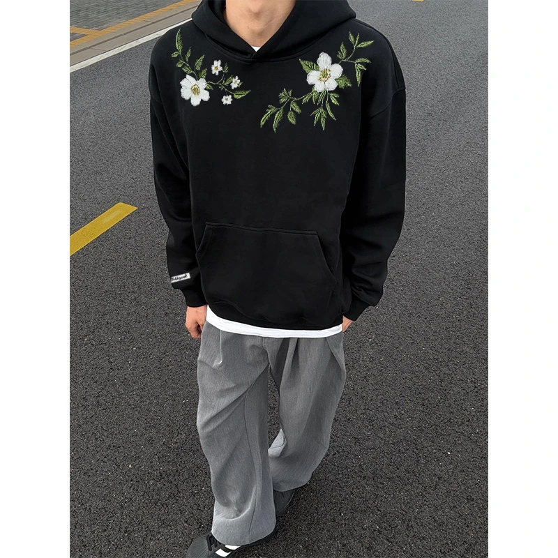 高街设计感小众花卉印花连帽卫衣男女秋冬季潮牌百搭宽松休闲上衣