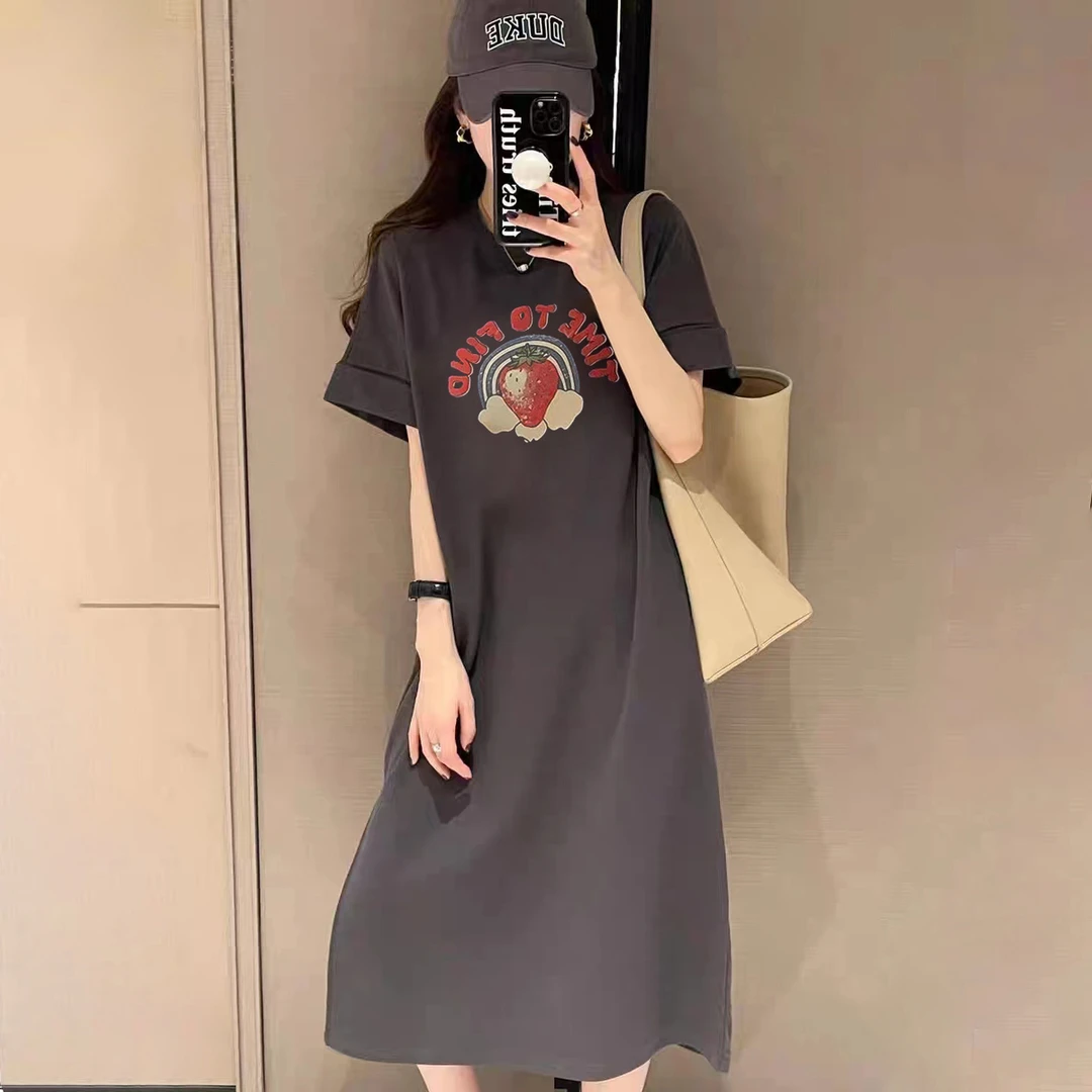 长款短袖减龄连衣裙遮肉显瘦夏季休闲宽松开叉长t裙懒人裙T恤裙女