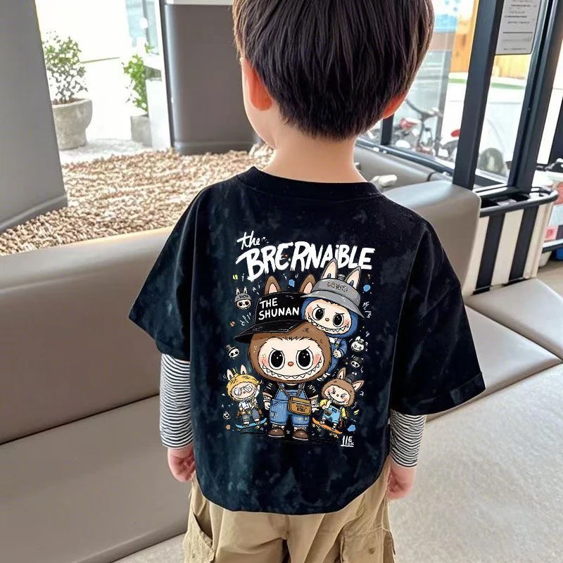 春秋季新款假两件卡通拉布布长袖T恤男女童韩系扎染上衣打底衫潮t