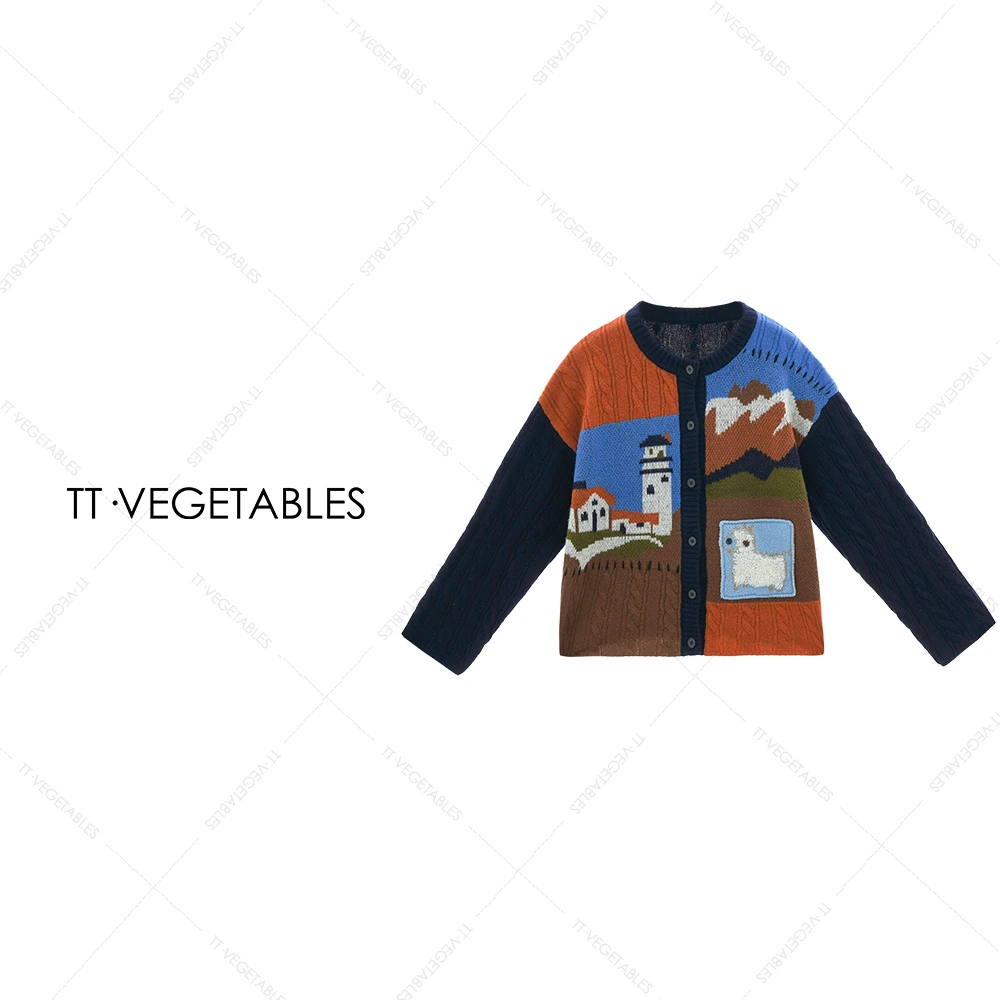 噢芬/小个子【柳风】百分百羊毛针织慵懒卡通图案开衫毛衣522217