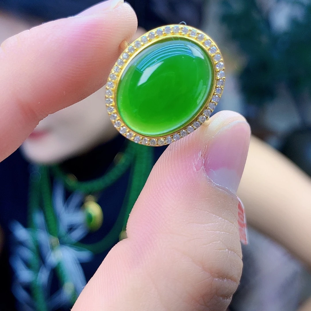 吊坠(不含链)银S925镶嵌和田玉（碧玉）戒指