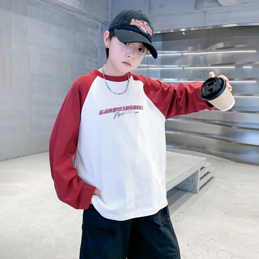 男童春秋潮牌撞色运动长袖t恤2025新款青少年儿童秋季宽松薄上衣