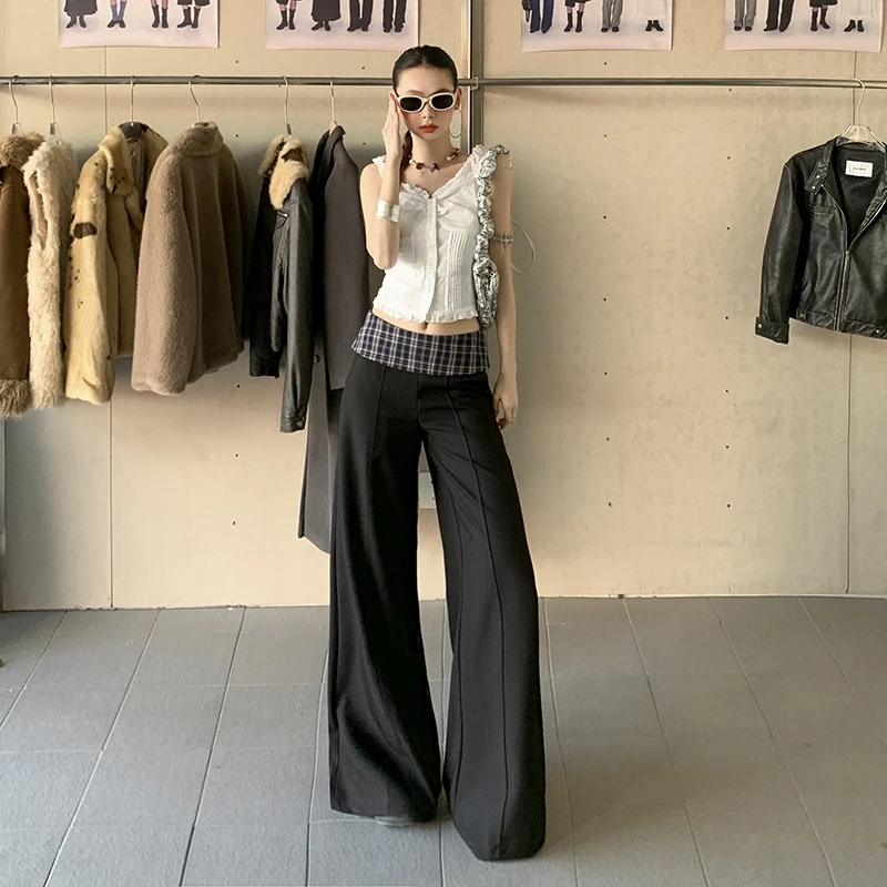 ZZR春夏季2025年新款格子拼接西装裤高腰阔腿裤宽松休闲拖地长裤